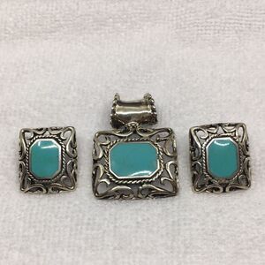 Sterling Silver 925 Mexico Chunky Faux Turquoise Dyed Howlite Pendant & Earrings